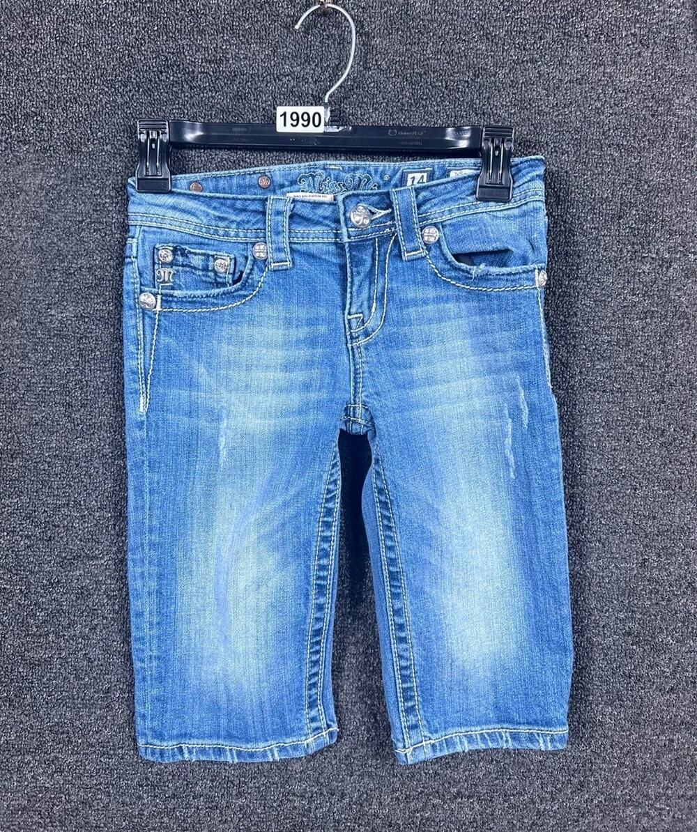 Miss Me Bermuda Shorts Girls 14 Blue Embroidered Cross Bling Pockets Low Rise